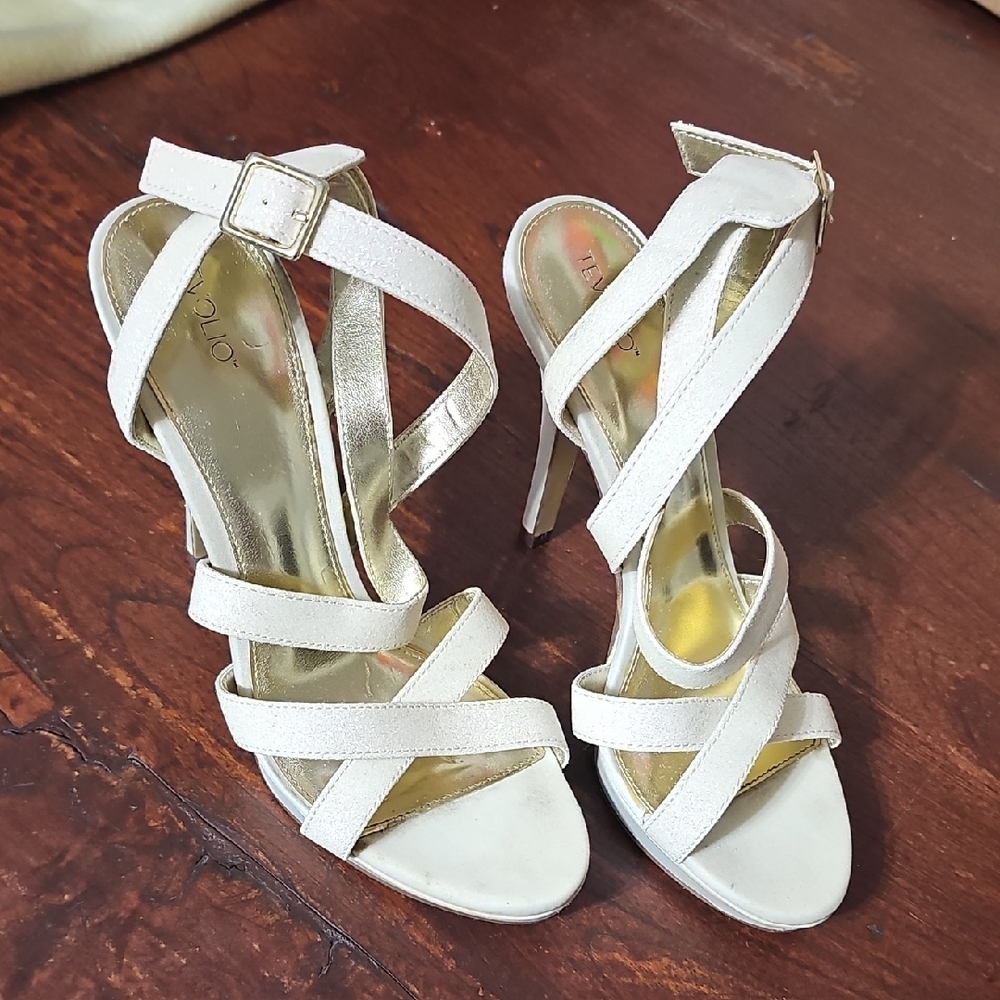 Tevolio Elegant Off-White and Fine Glitter Women's Strappy Heels